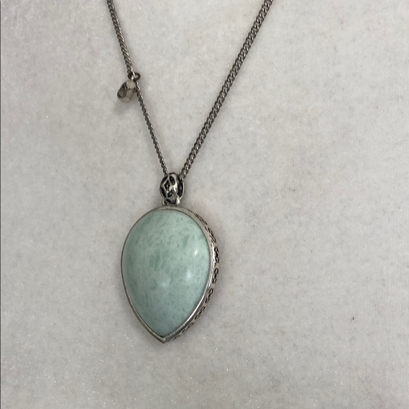 Fossil Turquoise Teardrop Stone Silver Necklace with Bird Charm Accent Vintage - Picture 5 of 16